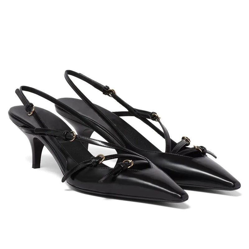 Brand Design Med Heels Pumps Pointed Toe Buckle Party Trend Slipon Mules Pumps Slingback Stiletto Shoes for
