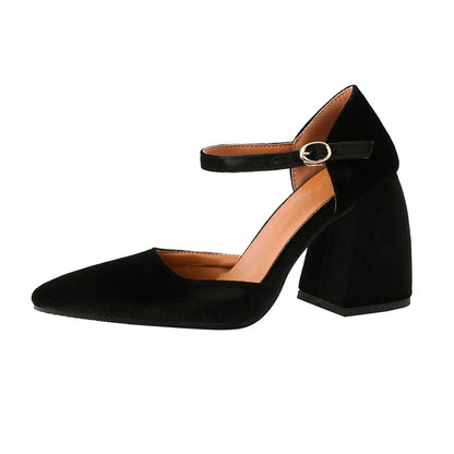 Velvet High Heels Shoes Female Ankle Straps Black Green Heeled Pointy Party Shoe Dress Pumps 45