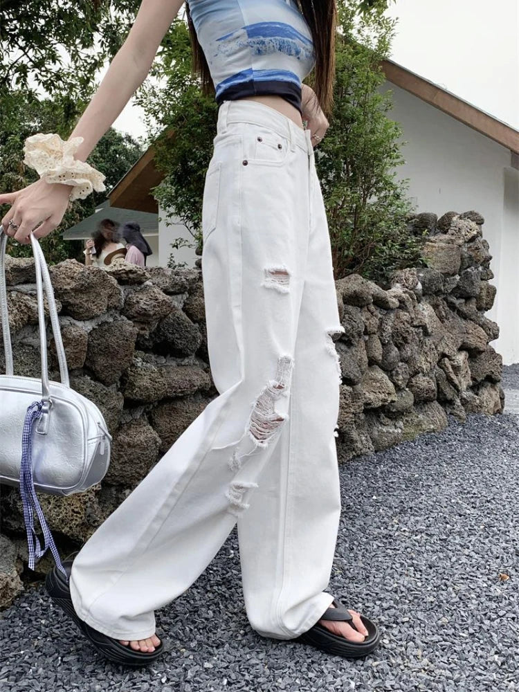 Basic White Ripped Jeans Jeans High Waisted Cowboy Pants Oversized Denim Trousers Y2k Hip Hop Clothes