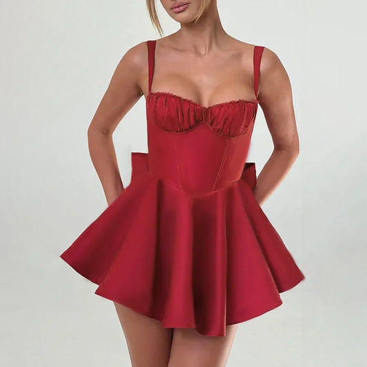 Bows Spaghetti Strap Dress for Plunge Bodycon Mini Dress Zipper A-line Backless Folds Party Dress High Waist