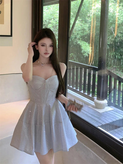Shiny Dinner Party Dresses Aline Bows Sweet Spring Summer Mini Dress Korean Vestidos Mujer
