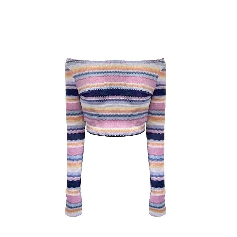 Long Sleeve Striped Sweater Off Shoulder Jumpers for Kawaii Pullover Y2k Korean Style Sweet Top