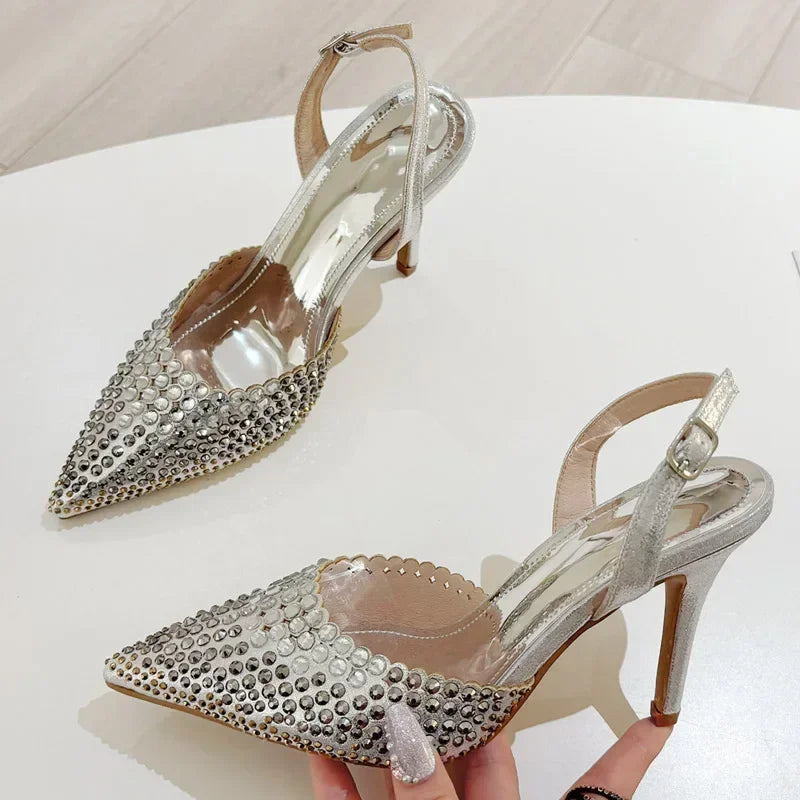Rhinestones Pointed Toe Thin High Heels Hollow Buckle Designer Brand Sandals Female Banquet Party Shoes