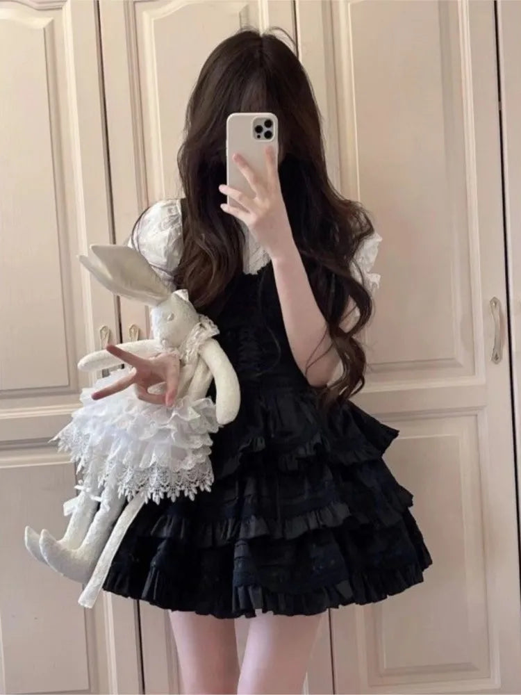 Y2k Two-piece Dress Set Puff Sleeve Shirt Black A-line Ruffles Cake Mini Dress Korean Suit Summer New Outfit