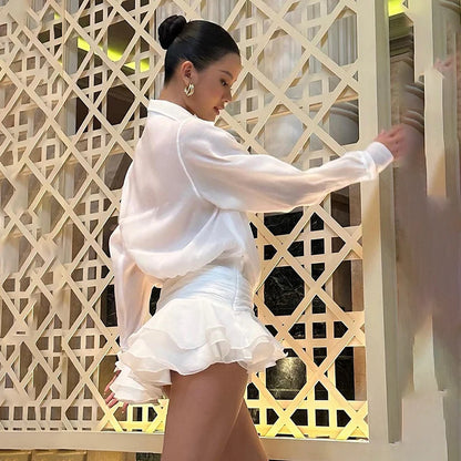 New Chiffon Mini Dress ’s Ruffled Splice Pleated Dress Mesh See-through Loose Oversized Shirt Dress Cover-up Clothes