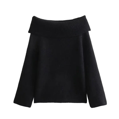 Simple Knitted Sweater for Woman Slash Neck Long Sleeve Loose Pullover Autumn Basic Jumper