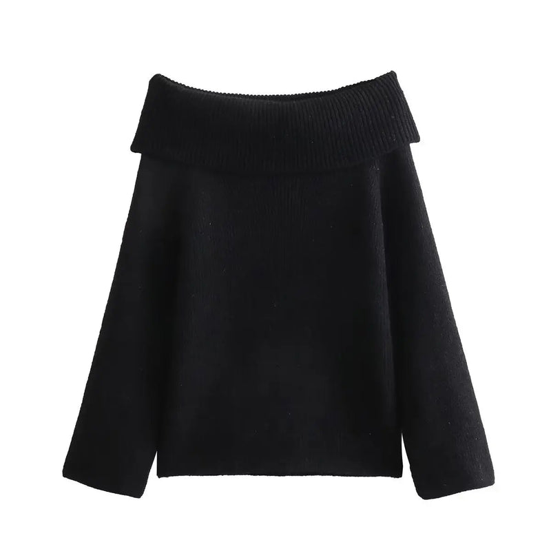 Simple Knitted Sweater for Woman Slash Neck Long Sleeve Loose Pullover Autumn Basic Jumper