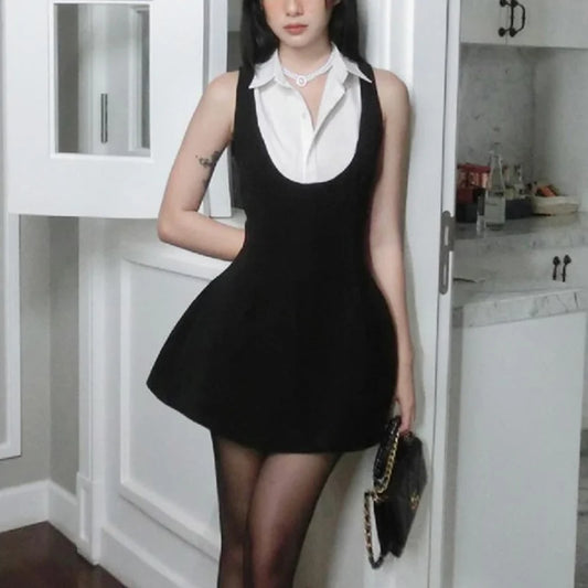Y2k Summer Dress Contrast Color Patchwork Lapel Collar Sleeveless a Line Mini Dress 2000s Evening Party Dresses