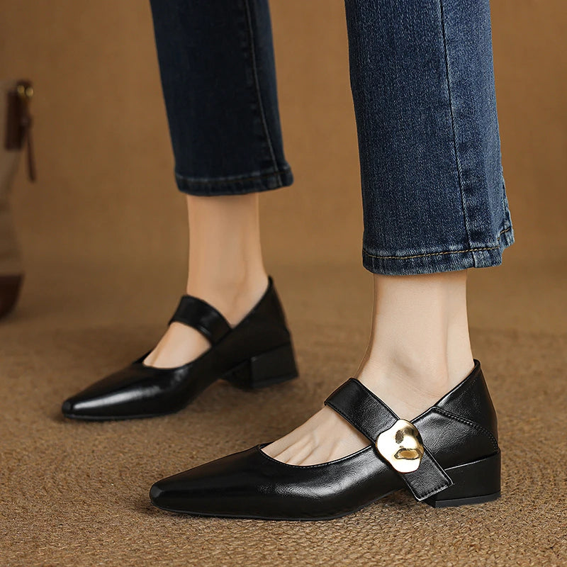 French Thickheeled Magic Sticker Shallow Shoes Spring New Pointed and Fashionable Versatile Nonslip Small Leather Shoes