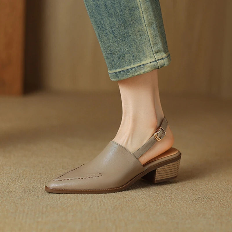 New Summer Sandals Genuine Leather Shoes for Pointed Toe Chunky Heel Shoes Simple Cover Toe Slingback Buckle Sandals