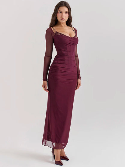 Sheer Long Sleeve Maxi Dress for Mesh Strapless Backless Club Party Long Dress