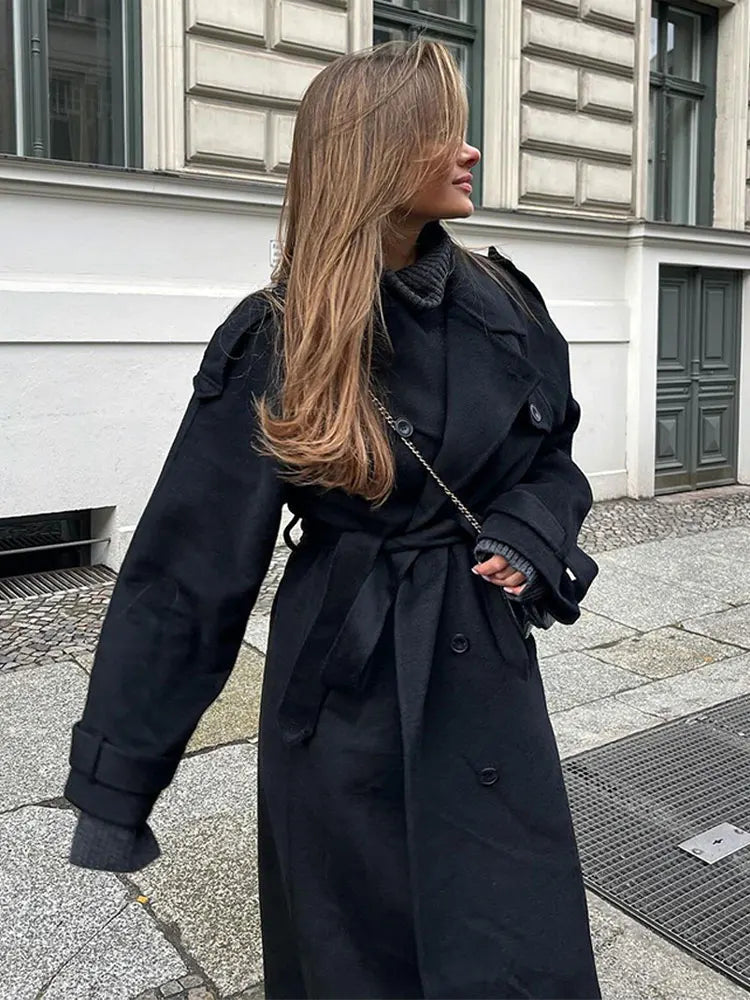 Double Breasted Woolen Overcoat Lapel Long Sleeve Jacket With Belt Female New Commute Outerwear