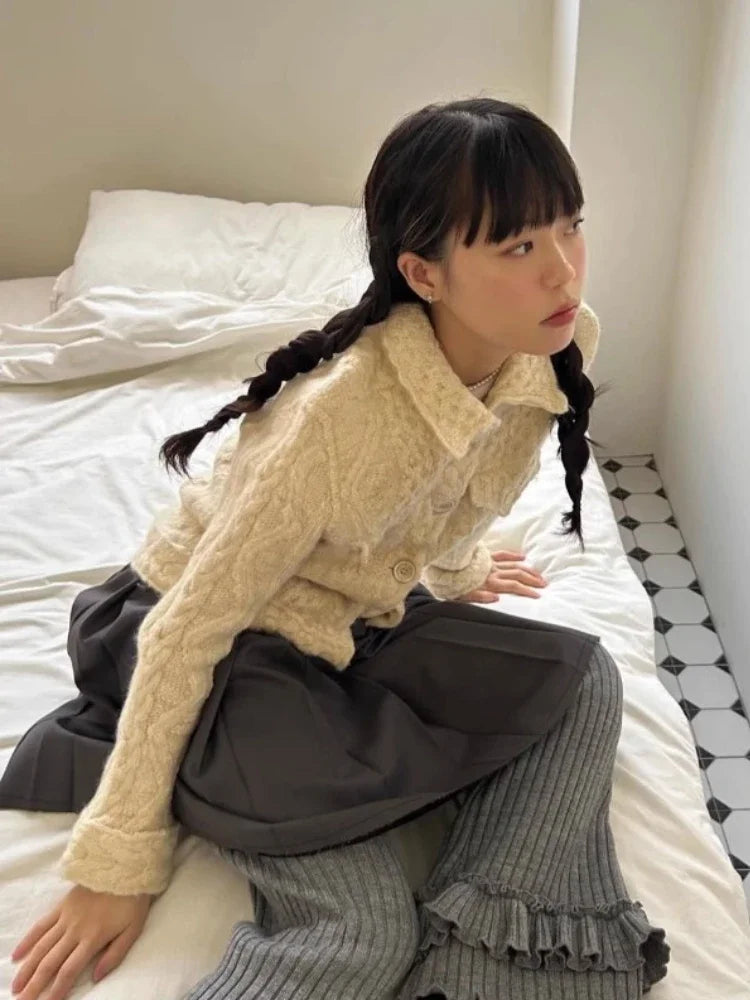 Simple Pit Strip Ruched Knitted Trousers Autumn High Waist Slim Fit Pants Y2k Grunge Loose Ruffles Wide Leg