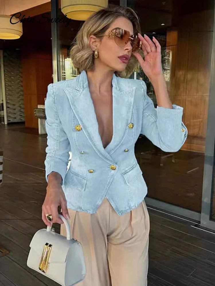 Slim Cropped Denim Jacket Lapel Long Sleeve Double Breasted Blazer Coat Female Spring Summer High Street Outwears