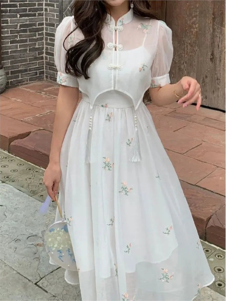 Dress Sets Summer Chinese Style Hight Waist Mesh Midi Dresses Gentle Wind Female Dress Vestidos
