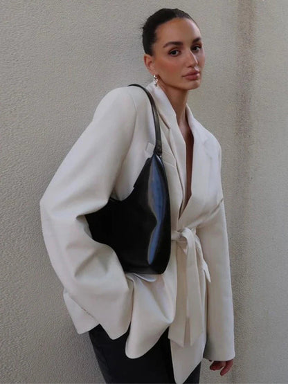 Loose Waist Cinching Belt Full Sleeve Jacket Female Tailored Coat Retro Lapel Suit Jackets