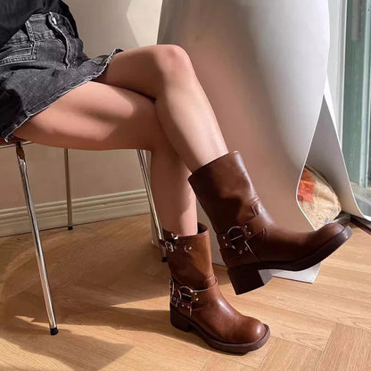 New Ankle Boots Thick High Heels Knight Boots Leather Western Boots Shoes Cowboy Boots Botas De Mujer