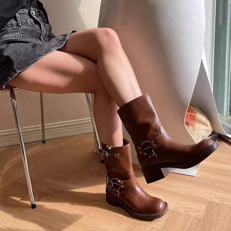 New Ankle Boots Thick High Heels Knight Boots Leather Western Boots Shoes Cowboy Boots Botas De Mujer