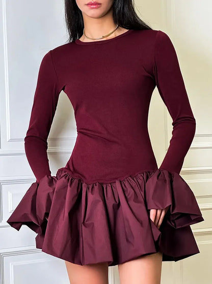 Angora Red Flare Sleeve Mini Dress for Splice Folds Autumn Winter Dress A-line Sweet Bodycon Clothes