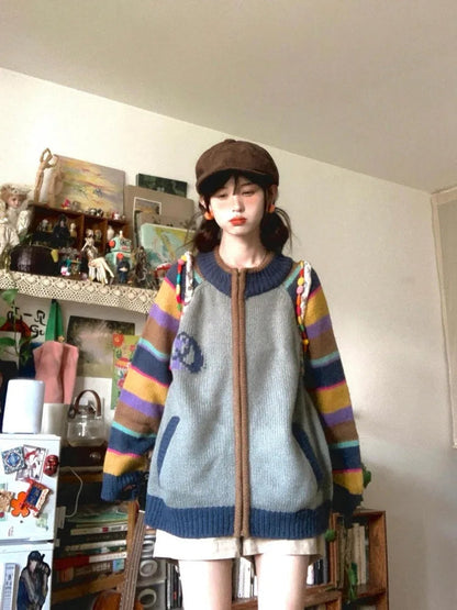 Contrast Color Rainbow Striped Sweater Female Pull Femme Knitted Cardigan Crew Neck Zipper Loose Thicken Coat