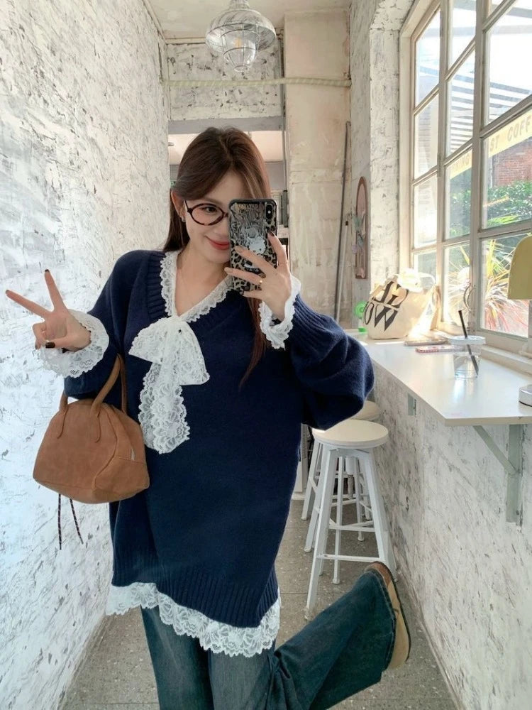 Knitted Sweater Lace Patchwork Bow V Neck Autumn Winter Pullover Long Sleeve Loose Stretch Female Jumper