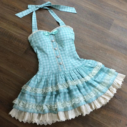 Sweet Mini Dress Halter Gingham Bow Button Front Lace Ruffle Hem Slim Fit Suit Cottagecore Lolita Picnic Summer Outfit New