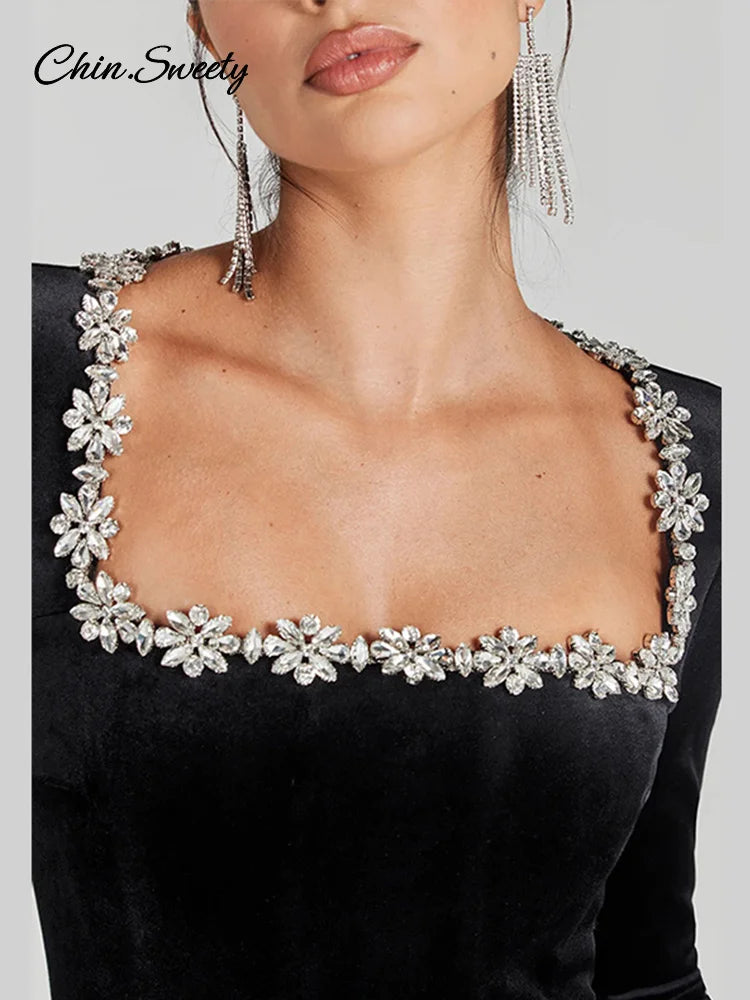 Black Beaded Velvet Jumpsuits for One Piece Long Sleeve Square Collar Full Length Jumpsuit Christmas Evening Party Gown
