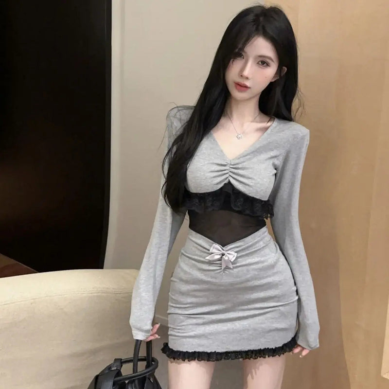 Mini Dresses Slim Ruched Hollow Lace Patchwork Bow Hollow Out Mesh V Neck Long Sleeve Dress Female