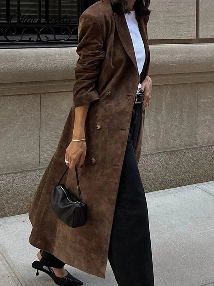 Lapel Suede Long Jacket Oversized Double-breasted Trench Overcoat Autumn Lady Commute Outerwear New