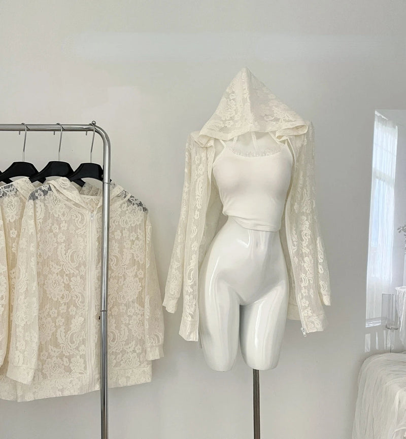 Lace Long Sleeve Blouse Capes Outwear Beach Style Hooded Coat Korean Summer Clothing Y2k