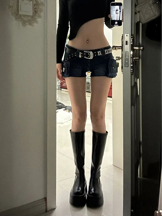 Woman Hot Slim Pants Low Waist Jean Color Wash Shorts Denim Shorts With Belt Classical Gyaru Dark Academia