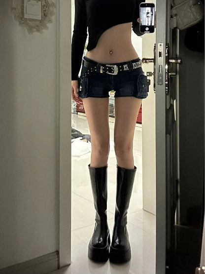 Woman Hot Slim Pants Low Waist Jean Color Wash Shorts Denim Shorts With Belt Classical Gyaru Dark Academia