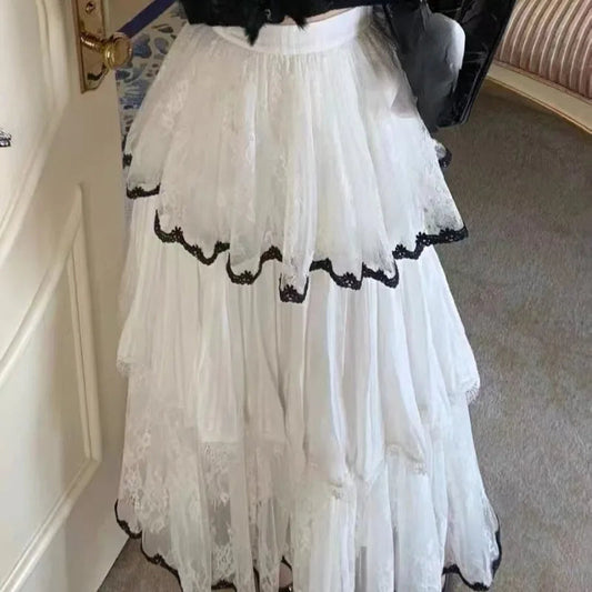 Spring Summer Lace Skirts Contrast Color Ruffles Sweet Jupe Femme Korean Retro Long Skirt