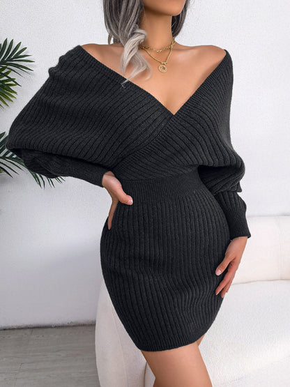 Cross V-neck Bat Skirt Hip Dress Sweater Dress