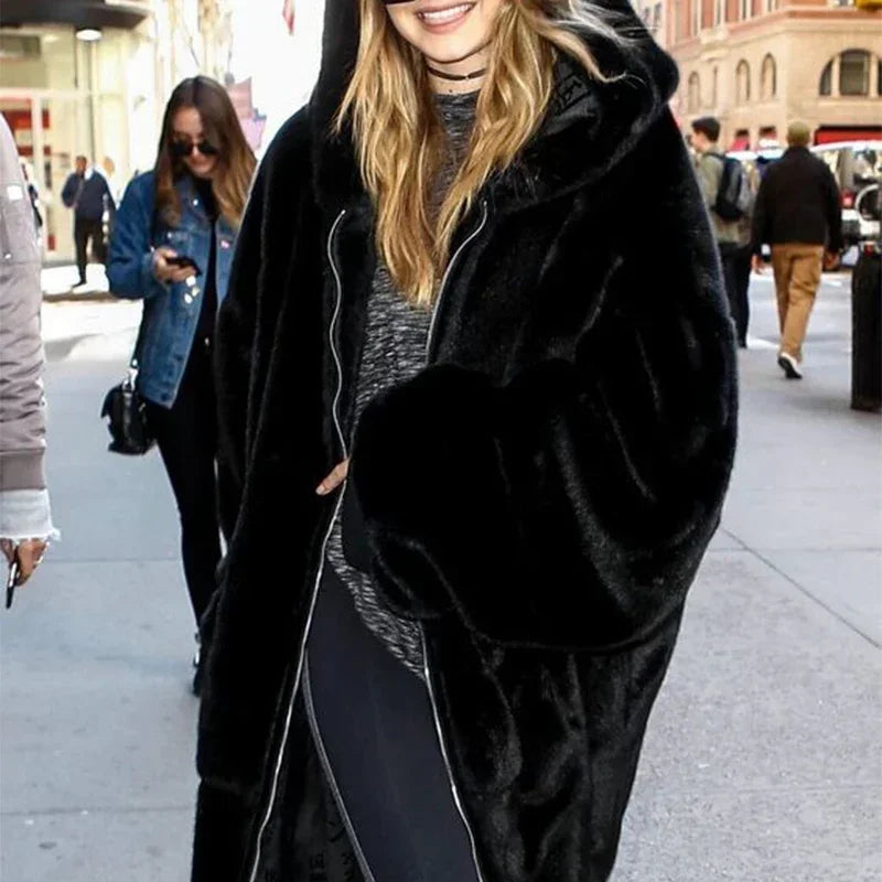 Winter Runaway Brand Long Faux Fur Coat Jacket Zip Hooded Thick Warm Fake Rabbit Fur Plush Overcoats