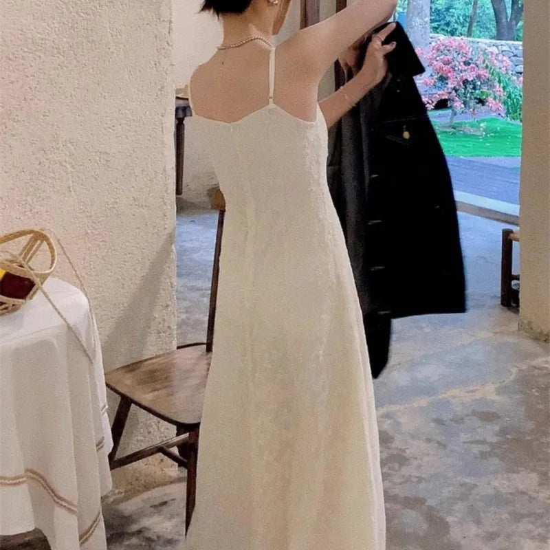 White Lace Long Dresses Aline Spring Summer Korean Dress V Neck Sweet Vestidos Mujer