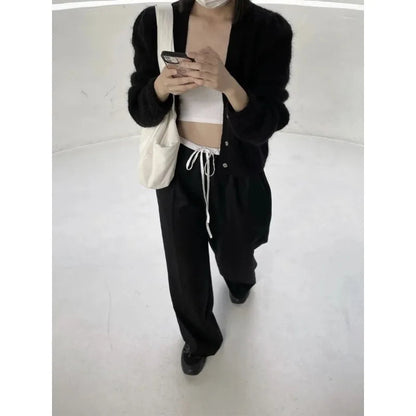 Summer Korean Retro High Street Black and White Stitching Elastic Laceup Wide Leg Pants