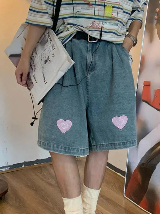 Print Washed Wide Leg Denim Pants Couple Oversized Cropped Baggy Jeans 2000s Y2k Shorts