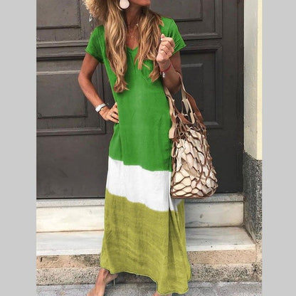 Loose Contrasting Colors Long Dresses Summer V-neck Short Sleeves Maxi Dress Female Commuting Vestidos New