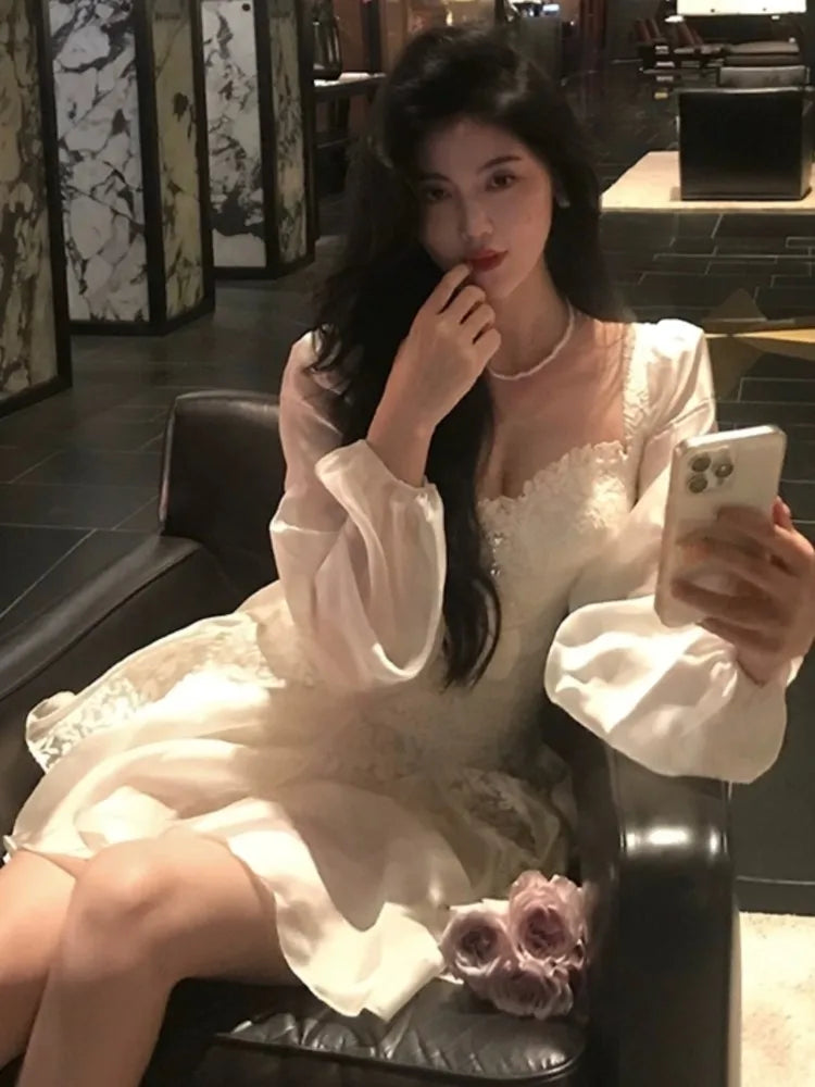 Lace Patchwork Mini Dress for Square Collar Long Sleeves Princess Birthday Evening Dresses Aline Short Vestidos
