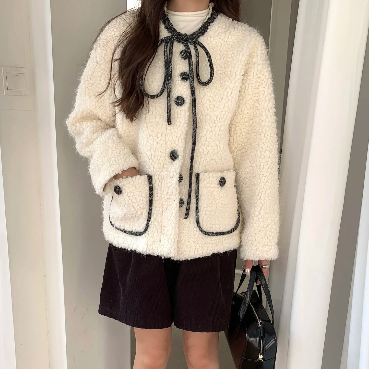 Sweet Hot Girl Oneck Doublesided Woolen Coat Autumn/winter Oneck Laceup Loose Coat Female Clothes