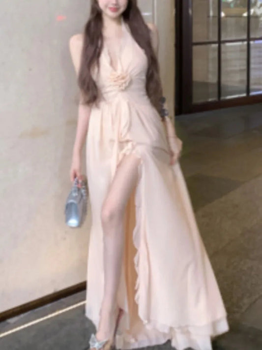 Neackmounted Backless Long Dresses Beach Gentle Fairycore Flower Design Sense Aline Vneck Off Shoulder Backless Dress
