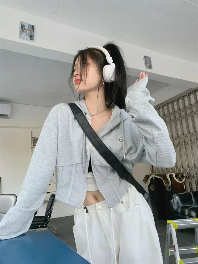 Zip Up Sweatshirts Slim Korean Style Cropped Hoodies Female Sweet Basic Sportswear