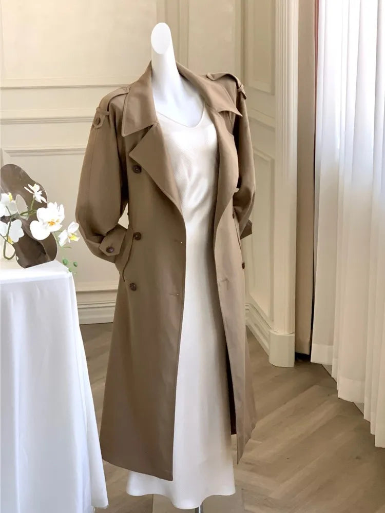 Autumn British Style Long Trench Lapel Double Breasted Coat With Belt Korean Windbreaker Outerwear Jackets