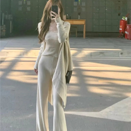 Autumn Winter Knitted 3-piece Set Tank Top Long Pants Cardigan Sweater Pullover Korean Outfits New