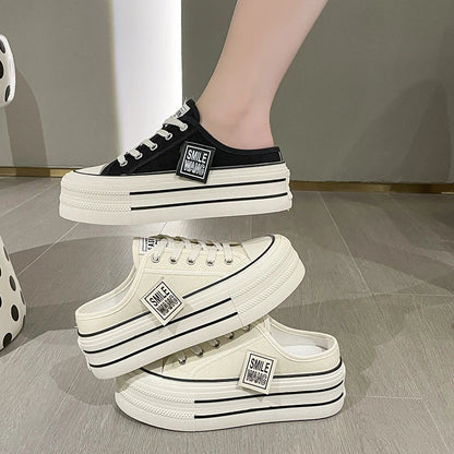 Canvas Platform Wedge Thick Slippers Lace Up Chunky Sneaker Comfy High Brand Breathable Summer Heightening Shoes