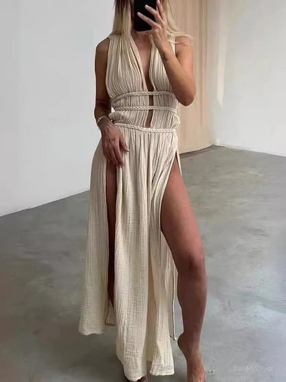 Deep Vneck Party Dress Summer Loungewear Sleeveless Maxi Dress Hollow Out Dress Vestidos