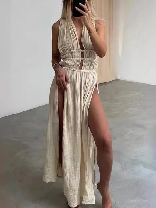 Deep Vneck Party Dress Summer Loungewear Sleeveless Maxi Dress Hollow Out Dress Vestidos