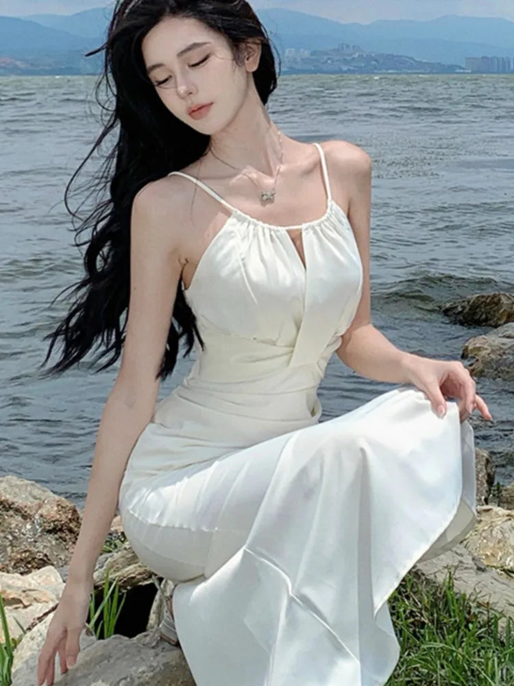 Spring Beige Long Dress New Spaghetti Strap Dresses Female Evening Party Prom Robe Summer Satin Gown Mujer
