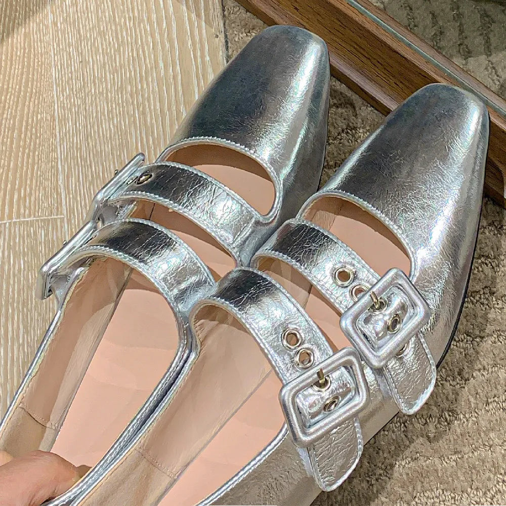 Genuine Leather Double Metal Buckle Slipon Mary Jane Flats Sqaure Toe Female Soft Comfortable Ballerinas Shoes